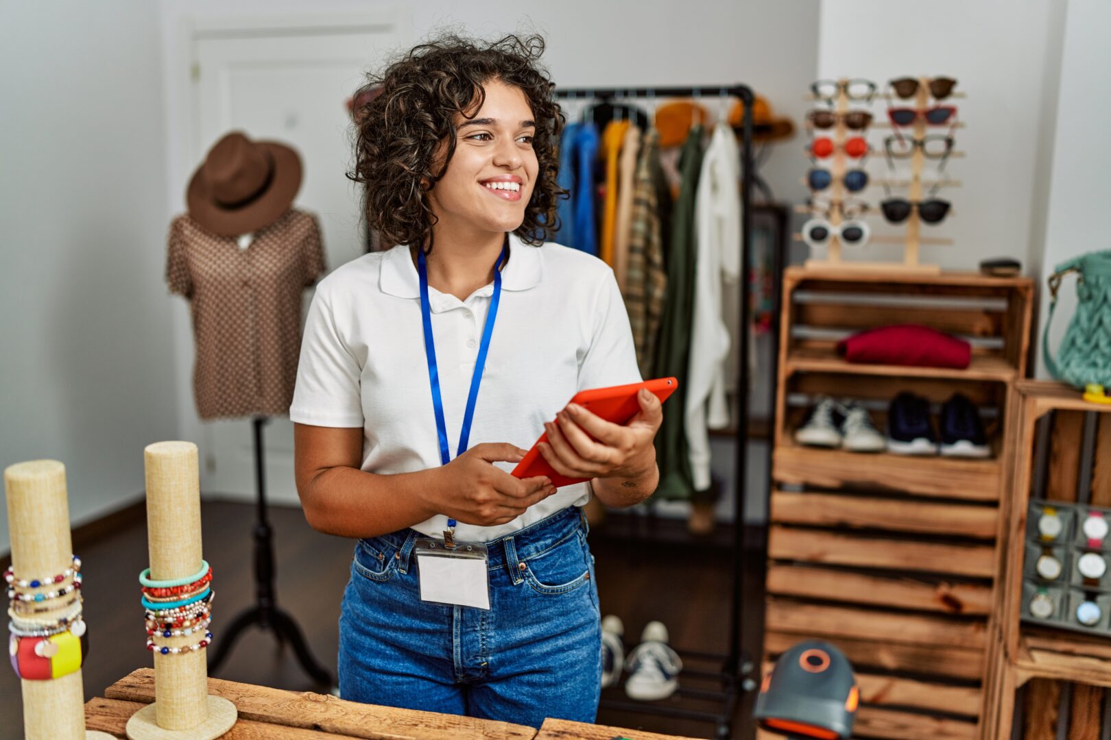 Small business owner smiling and using tablet in workshop
