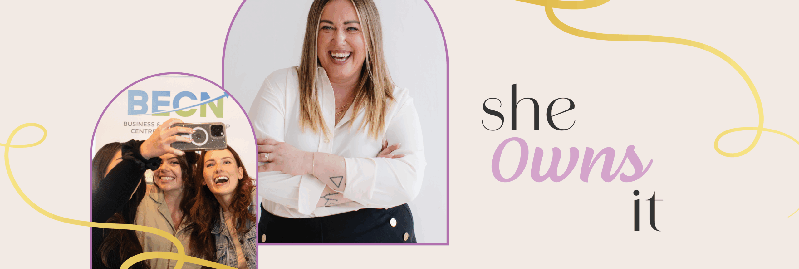 Banner graphic with She Owns It logo, picture of kenote speaker Leisse Wilcox and photo of attendees taking a selfie at event